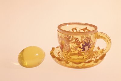 Annagelb Enamelled and Cut Glass Cup and Saucer, c.1840 by Bohemian School